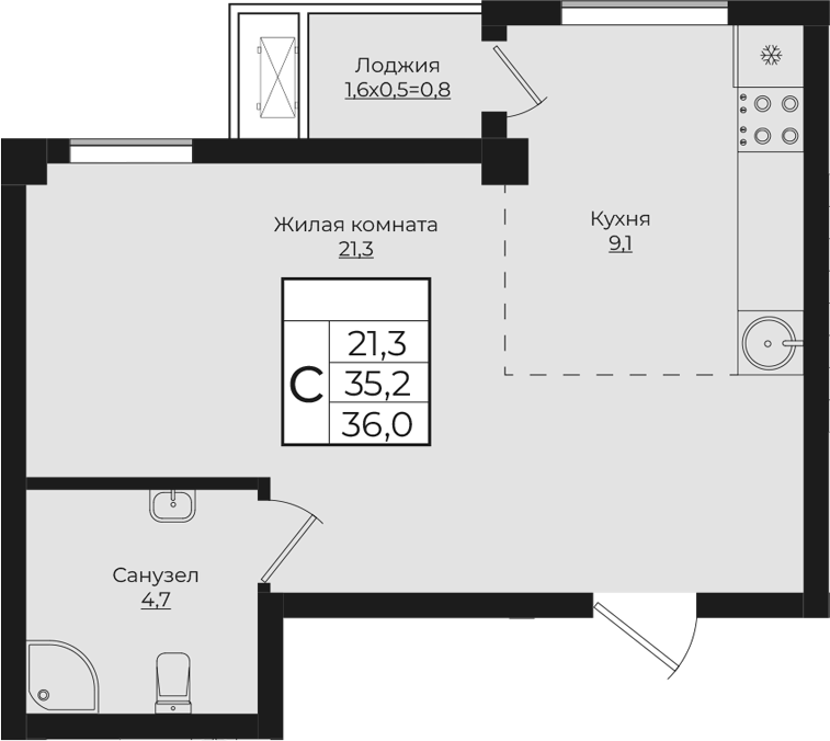 Планировка — Европа-Сити, Студия, 35 м²