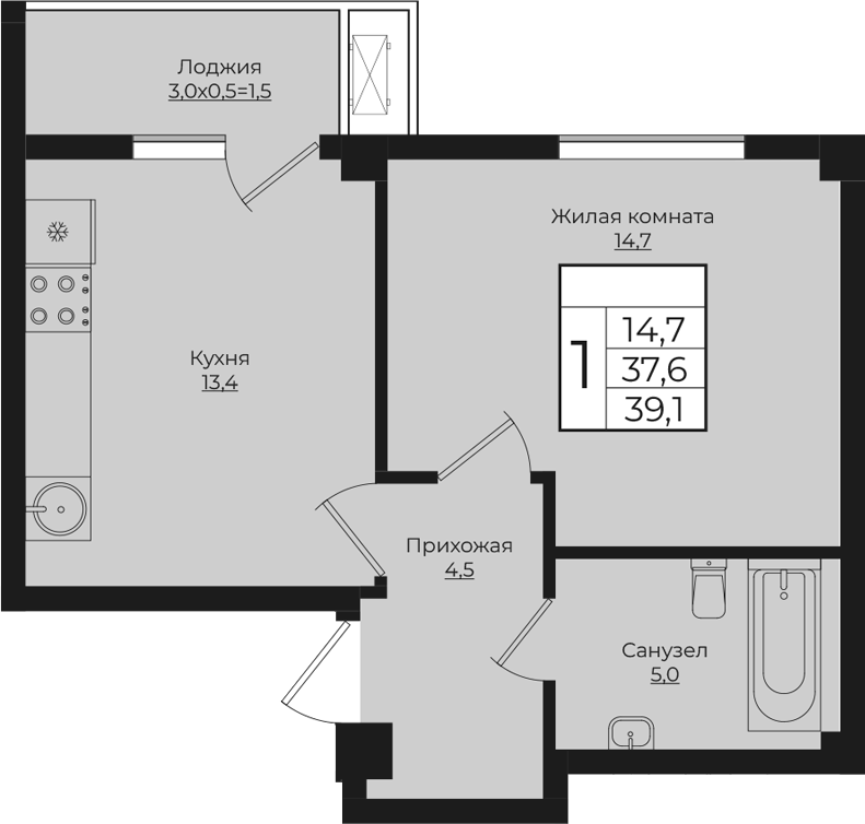 Планировка — Европа-Сити, 1-комн., 38 м²