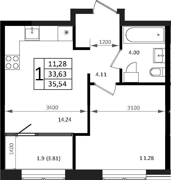 Планировка — Патрики, 2-комн., 34 м²