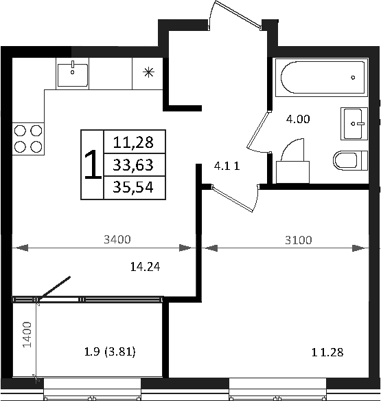 Планировка — Патрики, 2-комн., 34 м²