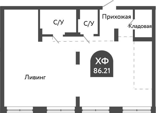 Планировка — Тихомиров, 1-комн., 86 м²