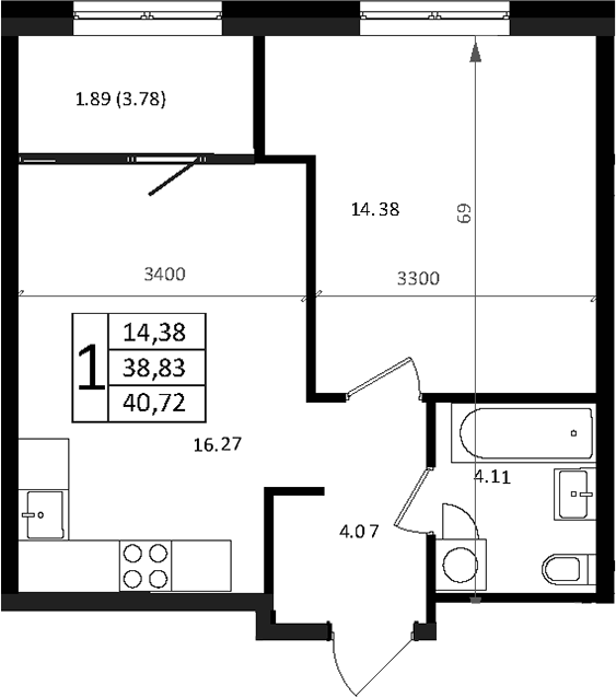 Планировка — Патрики, 2-комн., 39 м²
