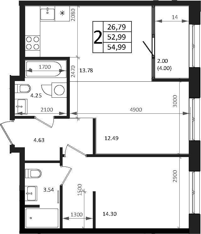 Планировка — Патрики, 2-комн., 53 м²