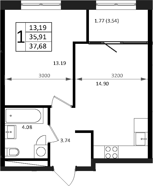 Планировка — Патрики, 2-комн., 36 м²