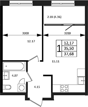Планировка — Патрики, 2-комн., 36 м²