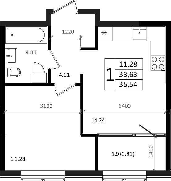 Планировка — Патрики, 2-комн., 34 м²