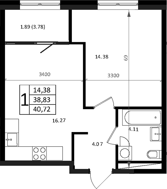 Планировка — Патрики, 2-комн., 39 м²