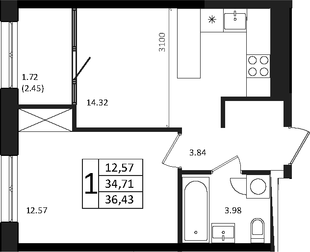 Планировка — Патрики, 2-комн., 35 м²