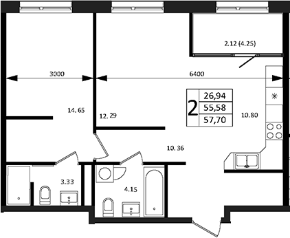 Планировка — Патрики, 2-комн., 56 м²