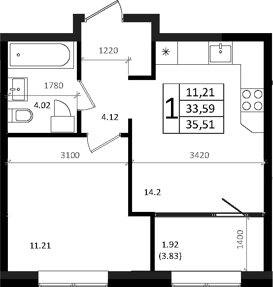 Планировка — Патрики, 2-комн., 34 м²
