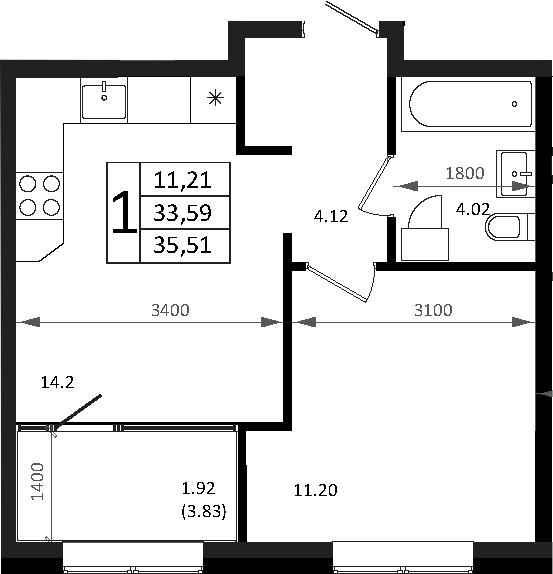 Планировка — Патрики, 2-комн., 34 м²