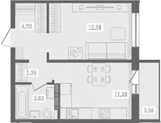 Планировка — Радуга Сибири, 1-комн., 35 м²