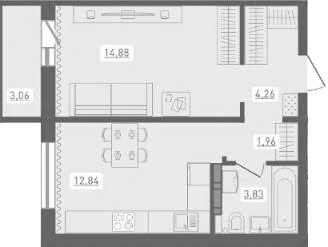 Планировка — Радуга Сибири, 1-комн., 38 м²