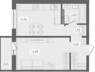 Планировка — Радуга Сибири, 1-комн., 38 м²