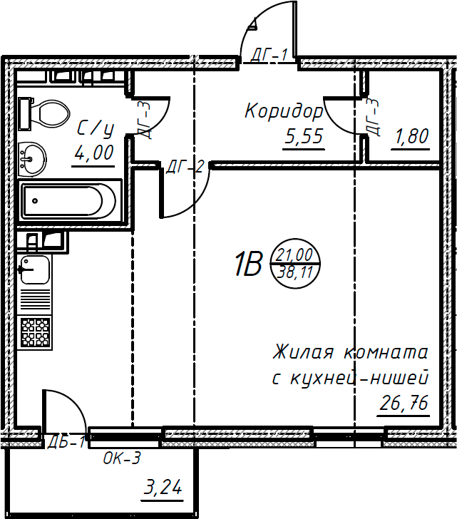 Планировка — Дом на Есенина, Студия, 38 м²