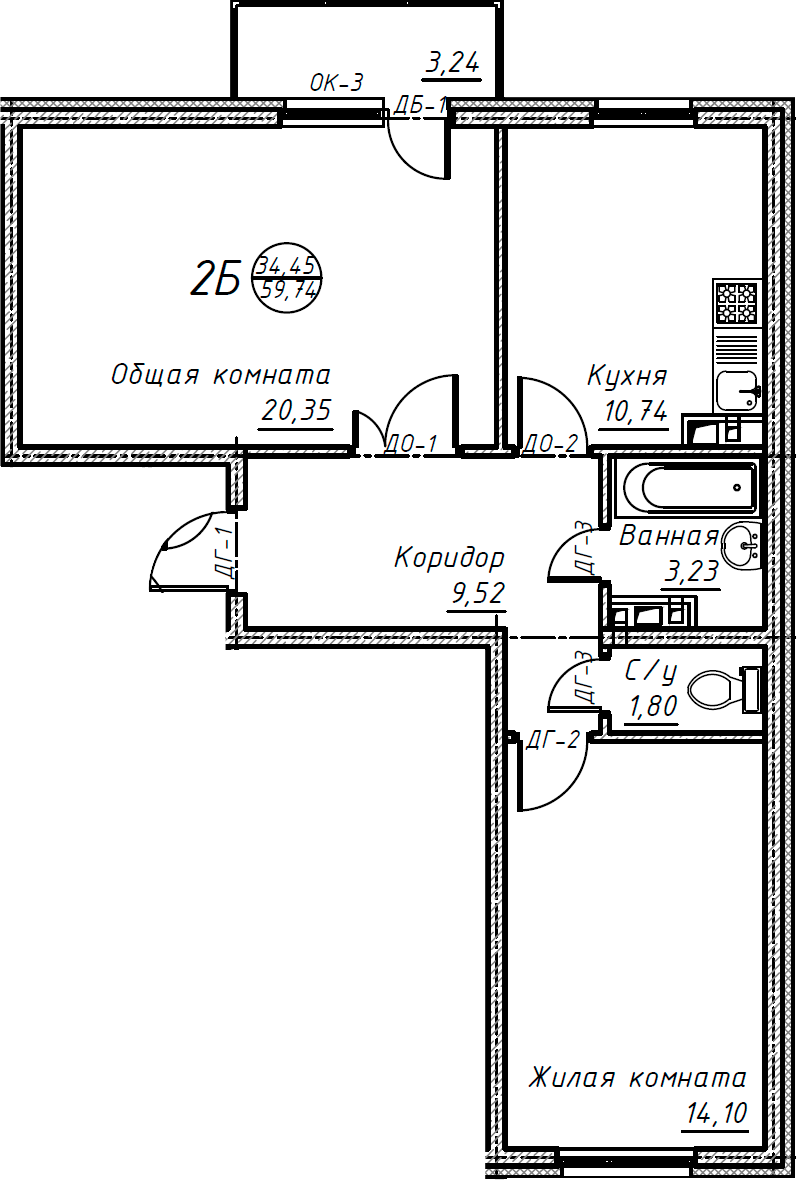 Планировка — Дом на Есенина, 2-комн., 60 м²