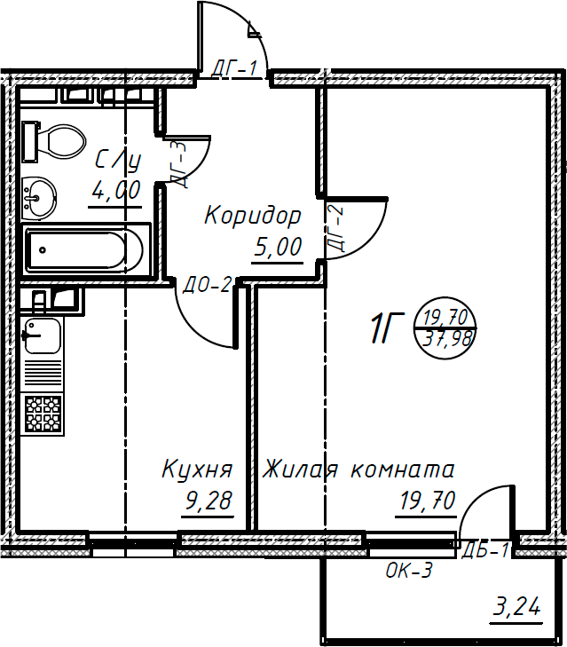 Планировка — Дом на Есенина, 1-комн., 38 м²