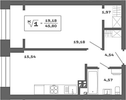 Планировка — Ньютон, 1-комн., 46 м²