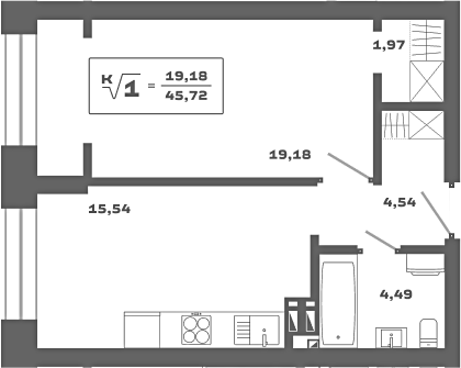 Планировка — Ньютон, 1-комн., 46 м²