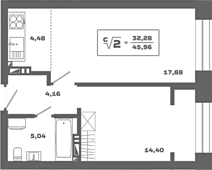 Планировка — Ньютон, 2-комн., 46 м²