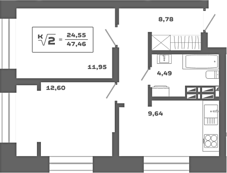 Планировка — Ньютон, 2-комн., 47 м²