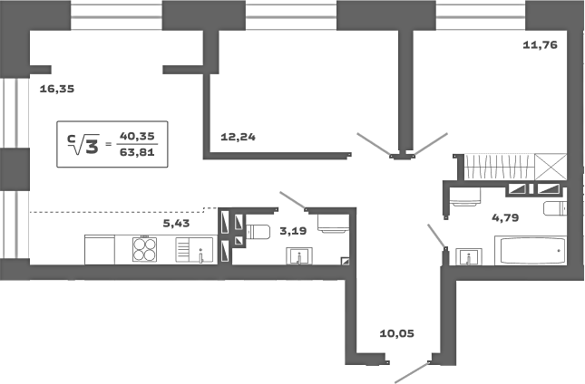 Планировка — Ньютон, 3-комн., 64 м²