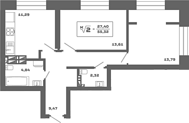 Планировка — Ньютон, 2-комн., 55 м²