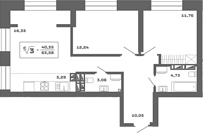 Планировка — Ньютон, 3-комн., 64 м²