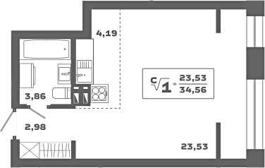 Планировка — Ньютон, Студия, 35 м²