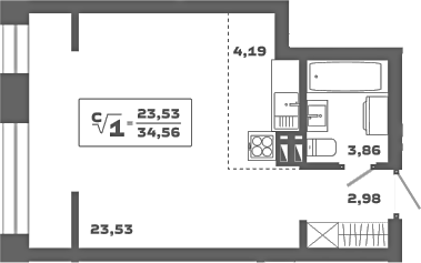 Планировка — Ньютон, Студия, 35 м²