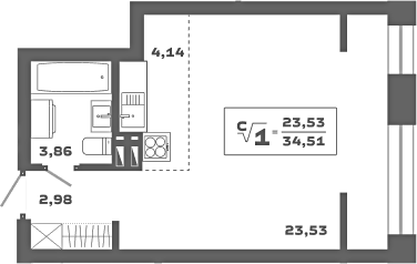 Планировка — Ньютон, Студия, 35 м²