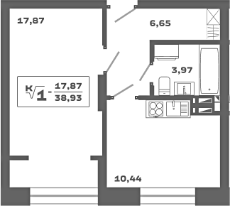 Планировка — Ньютон, 1-комн., 39 м²