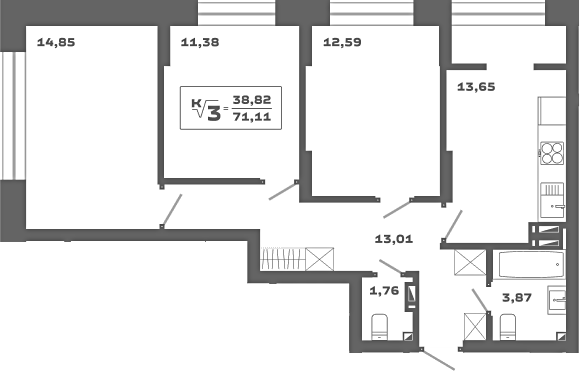 Планировка — Ньютон, 3-комн., 71 м²