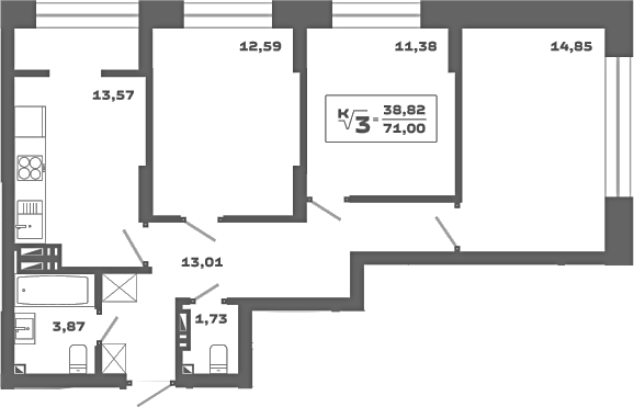 Планировка — Ньютон, 3-комн., 71 м²