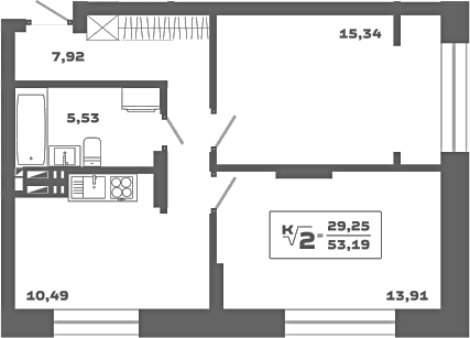 Планировка — Ньютон, 2-комн., 53 м²