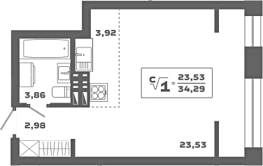 Планировка — Ньютон, Студия, 34 м²