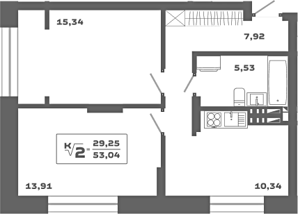 Планировка — Ньютон, 2-комн., 53 м²