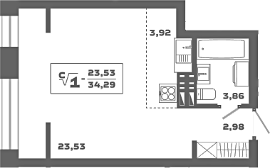 Планировка — Ньютон, Студия, 34 м²