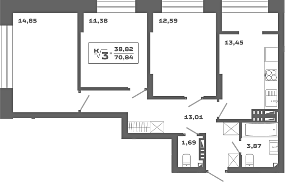 Планировка — Ньютон, 3-комн., 71 м²