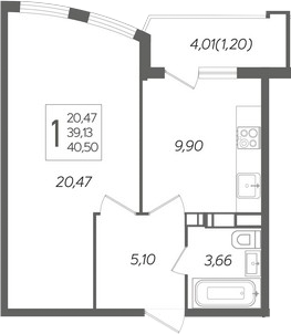 Планировка — Альфа. АСК, 1-комн., 39 м²