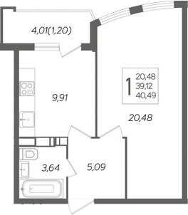 Планировка — Альфа. АСК, 1-комн., 39 м²