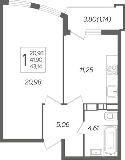 Планировка — Альфа. АСК, 1-комн., 42 м²