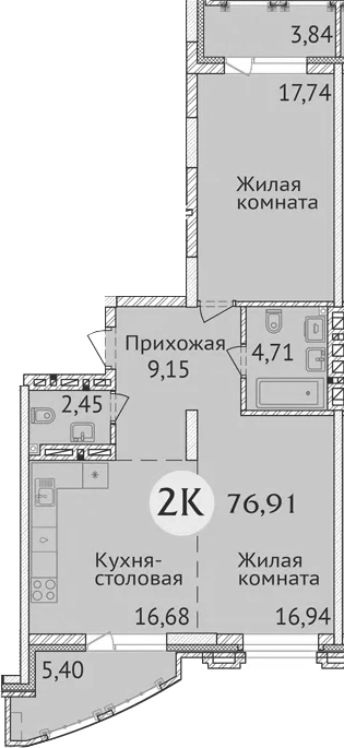 Планировка — Заельцовский New, 2-комн., 68 м²
