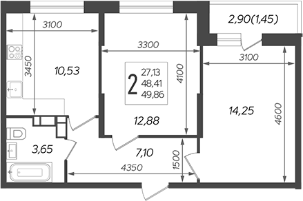 Планировка — Смородина, 2-комн., 48 м²
