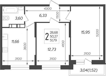 Планировка — Смородина, 2-комн., 50 м²