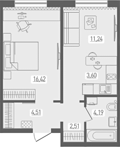 Планировка — Радуга Сибири, 2-комн., 42 м²