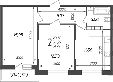 Планировка — Смородина, 2-комн., 50 м²