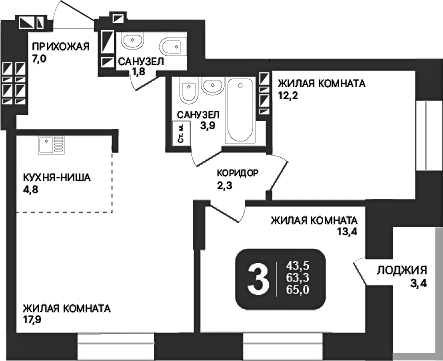 Планировка — Никольский парк, 3-комн., 63 м²