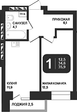 Планировка — Никольский парк, 1-комн., 35 м²