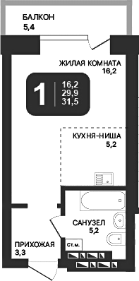 Планировка — Никольский парк, Студия, 30 м²